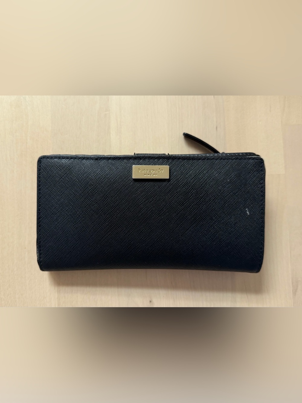 kate spade Black Saffiano Zip Wallet with Gold Logo Plate